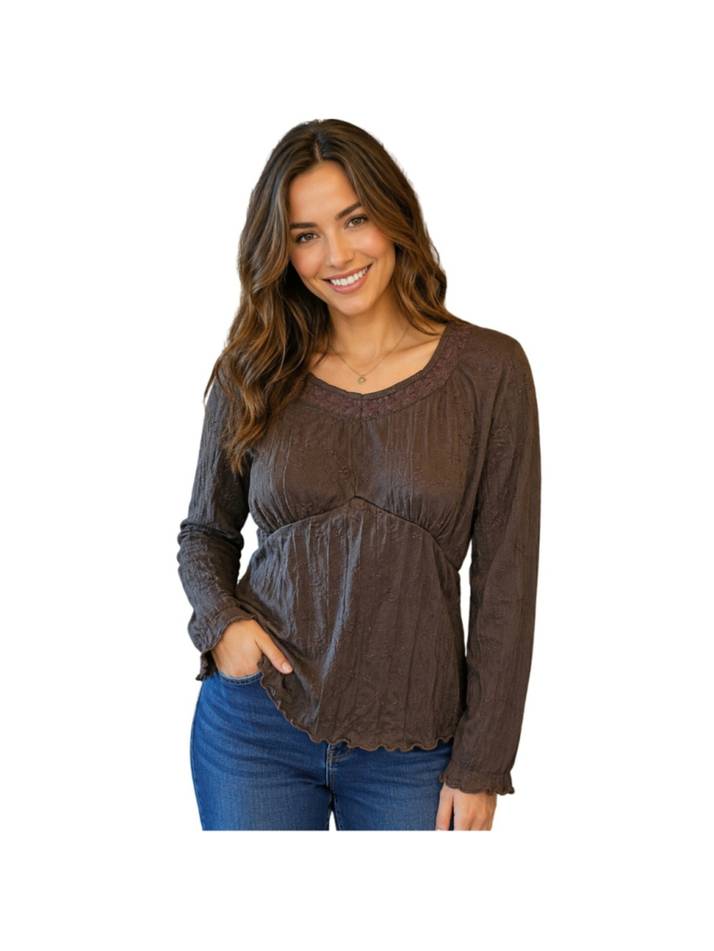 NWT Christopher & Banks sz L chocolate brown peasant eyelet y2k long sleeve